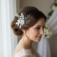 Wedding Ceremony Bridal U Hair Pin With White Flower Leaf Design Sparkling Crystal Accent Secure Hold for Updo Hairstyle