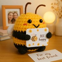 Cute Crochet Bee Plush Toy with "BEE Happy" Card Handmade Knitted Stuffed Animal Gift for Friends & Family