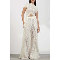 Women's Sexy Embroidered Lace Hollow Out Set Fashionable White High Neck Ultra Long Top Paired With Casual Pants Two-piece Set