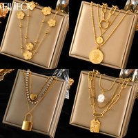 EILIECK 316L Stainless Steel Portrait Coin Lock Flower Pendant Necklace For Women Fashion Multi-layer Punk Neck Chain Jewelry