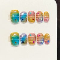 10pcs Gradient Colorful Handmade False Nails Art with Glitter Star Design Fake Nail Tips Short Ballet Press on Nails Finished