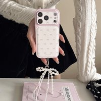 Korean Style Leather Bow Pattern Instantly Become Large View Window With Pendant Phone Cover Case for iPhone 17 16 15 14 Pro Max