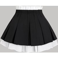 Women Casual Summer Pleated Mini Skirt, Black White Color Block Double Layer Ruffle Waist, Sweet Versatile JK School Preppy Shor