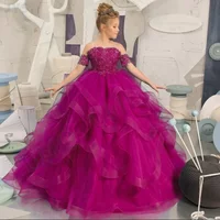 Dress for girls Party Flower Kids Ball Gown Tulle Off Shoulder Children Birthday Wedding Dresses First Communion Gown Clothing