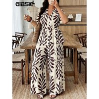 GIBSIE Plus Size Boho Print 2 Piece Set Women Summer Short Sleeve Belted Shirt Top and Wide Leg Pants Woman Vacation Outfit