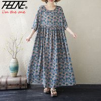 THHONE Summer Dress for Women Floral Casual Cotton Linen Loose Vestidos Robe Oversized Vintage Bohemian Print Maxi Long Dresses