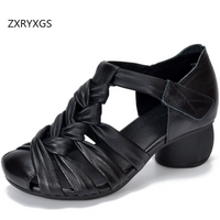 ZXRYXGS Sandales à talon moyen épaissi en cuir de vachette tressé à la main, modèle 2025, nouvelle collection été, bout rond, chaussures romaines tendance pour femme