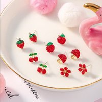 New S925 Silver Needle Cherry Mushroom Strawberry Apple Flower Red Stud Earrings Fashion Personality Earrings