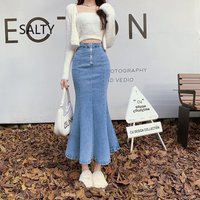 2026 Solid Slimming High Waist Midi A- Line Skirt Woman Trumpet Sides for Women Denim Half-length Skirt with Flounce