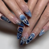 24Pcs Blue Gradient Almond Press on Nails Leopard Print Flowers Hot Girls Acrylic Nails Medium French Fashion Wearable Manicure