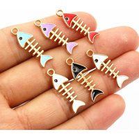 20pcs 24x8mm Random Colors Mix Enamel Fish Skeleton Charms Pendant Alloy Metal DIY Jewelry Making for Bracelet Necklace