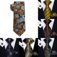 Men Gold Brown Ties Striped Paisley Floral Wedding Party Formal Necktie Handkerchief Cufflinks Gift Dropship