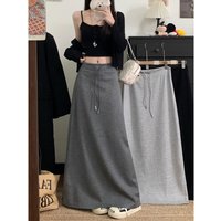 Deep Grey Drawstring Loose Women's Skirt High Waist Straight A-Line Long Skirt Versatile Casual Style Breathable Skin-Friendly