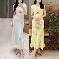 Summer New Women's Collar Lace Splice Slimming Long Fish Tail Dress High Quality Y2K Fashionable Hollow out Gown