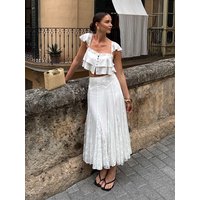 2026 Summer Fashion Square Neck Ruffled Crop Top & Pleated Midi Skirt 2-Piece Set Elegant Boho Resort Vacation Casual Outfits