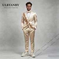 ULBYANRY Luxury Three Pieces Satin Suit Set for Men, Beaded Appliques Wedding Suit for Groom and Groomsman, Formal Prom Tuxedo