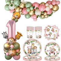 1SET Carton Wild Animal Balloon Tower with Pink Animal Tableware for Girl's Wild One Themed Jungle Birthday Party Decorations