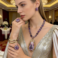 Raw Amethyst Crystal Beaded Strand Necklace Ring Earring Set Full Rhinestone Inlay Women Luxury Quartz Jewelry Mother's Day Gift