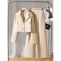 Girls 2Pcs Khaki Cropped Blazer Elastic Waist Wide Leg Pants Set Office Commute Casual Party Elegant 2-Piece Outfit