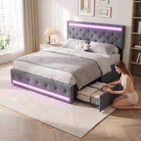 Comanlai, lit avec cadre en lin, lit double gris foncé de 160 x 200 cm, lit plateforme avec 4 tiroirs en métal ; matelas non inclus.