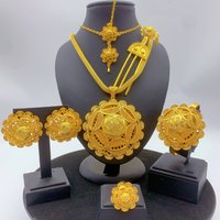 Luxury Ethiopian 24k Gold Color 6pcs Jewelry Sets For Women Wedding Dubai Big Flower Shape Nigerian Necklace Jewellery Set Gift