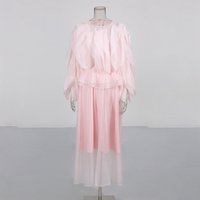 High Quality Solid Ruffle Mesh Dresses Spring Women Long Sleeves O Neck Dress High Waist Waist Lace Up Slim Knee Length Dress