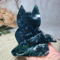 Natural Crystal Moss Agate Cat Carving Polished Energy Reiki Ornament Healing High Quality Home Decoration Gift