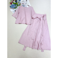 Elegant Pink Linen Two Piece Set For Women Summer New Round Neck Short Sleeve Top With Tie Waist Long Skirt Suit Outfit