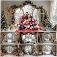 Interior Christmas Decorations Backdrop Arched Window Teddy Bear Shelves Christmas Tree Gifts Family Portrait Photo Background