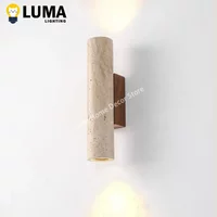 Wabi Sabi Style Żółta lampa ścienna z trawertynu Vintage kamienny i drewniany kinkiet do sypialni, salonu, schodów, wystroju domu