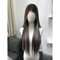 Asheky Gray Highlight Wig for Women 28inch Straight Wigs High Temperature Fibers Synthetic Lace Wig Free Part Wigs for Cosplay