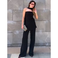 MUJER 2025 Pants Set 2 Piece Woman Black Satin Women's Pants Sets off Shoulder Tops High Waist Pants 2 Piece Sets Women Outfit