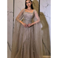 Long Floral Beads Elegant Cape Sleeve Evening Dress Arabic Dubai A Line Prom Dresses Party Customized Robe De Soiree Femme