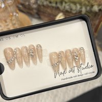 10pcs Glitter Sequins Handmade Fake Nails Flash Rhinestone Decor Simple Nude Color Press On Nails Long Pointed False Nail Tips