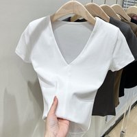2026 Slim-fitting Knitted Top Solid T-shirt Smock Women Sexy Short Sleeve Sexy V-neck Tees Shirts Y2k Vintage