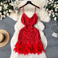 Foamlina Hot Girls Glitter Sequin Party Dress Women Elegant Strap V Neck Sleeveless Tassels Faux Feather Hem Evening Club Dress