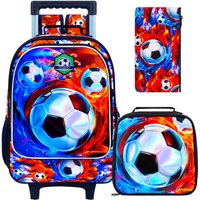 3pcs Soccer Rolling Backpack Set for Boys. Includes wheeled bookbag & lunch box. Ice/Fire design. Perfect for elementary & presc