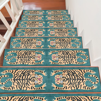 Green Tiger Pattern Stair Treads Non-Slip, Vintage Boho Rugs for Steps, Rubber Backed Washable Animal Print Stair Runners