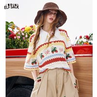 ELFSACK Women's Sweet Strawberry Fair Isle Knit Top, Lace Collar Openwork Striped Short Sleeve Shirt, Cute Summer Knitwear
