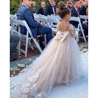 BABYONLINE Long Sleeve Flower Girl Dresses For Wedding Guest Kids Bridesmaid With Bow White Ivory Lace Tulle First Communion