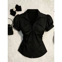 Elegant Slimming Black Vintage V-Neck Shirt Waist-Cinching Summer Trendy Women's Fashion Casual Loose Fit Short Sleeve Shirt