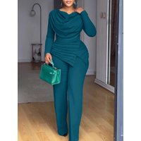 Swing Collar Ruched Jumpsuit Long Sleeve Solid Elegant Office Ladies Asymmetric Hem Autumn Casual Vintage Ruched Slim Rompers