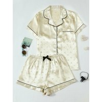 Two-Piece Set of Comfortable Satin Heart-Printed Collared Button-Down Short-Sleeve Top with Pockets and Bow Shorts, Spring/Summer Women's Pajama Loungewear Set Suitable for Home Use