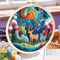 CHENISTORY Deer Wool Felt Painting Modern Needlework Supplies Animal Beginner Felting Kit Home Wall Decor Beginner Embroidery Ki