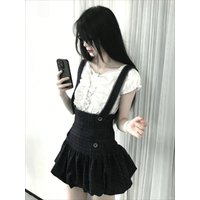 Japanese Sweet Girl Two Piece Set Women Lace Ruffle Puff Sleeve Blouse Plaid Suspender Ruffle Hem Mini Skirt Gotic Style Outfits