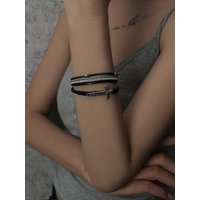 Personality Trendy Engraving“BLESSED”Lava Cross Row of Zircon Leather Multi-layer Bracelets for Women Men Friends Jewelry Gifts