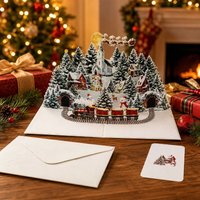3D Pop Up Christmas Card Winter Village Snowman Santa Sleigh Train Greeting Card with Envelope Handmade Card for Family Friends
