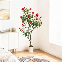 4FT/5FT Artificial Hibiscus Tree with Red Hibiscus Flower Artificial Flowering Tree for Front Porch Home Office Decor
