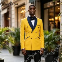 Fashion Men Yellow Peak Lapel Tuxedo 2pcs Set 2026 Double Breasted Blazer Black Pants Slim Fit For Prom Wedding Party Banquet