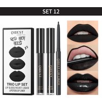 QIBEST 3pcs Lips Makeup Sets Include Lip Glaze,Lip Mud And Lip Liner Long Lasting Nude Red Black Brown Lip Gloss Tint Cosmetics